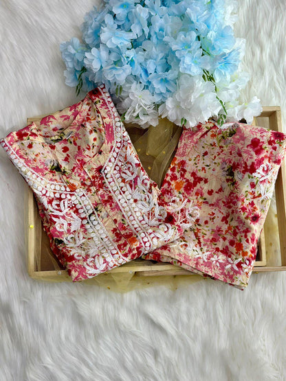 Peach Printed Mul Cotton Co-Ord Set | Lightweight Summer Ethnic Ensemble