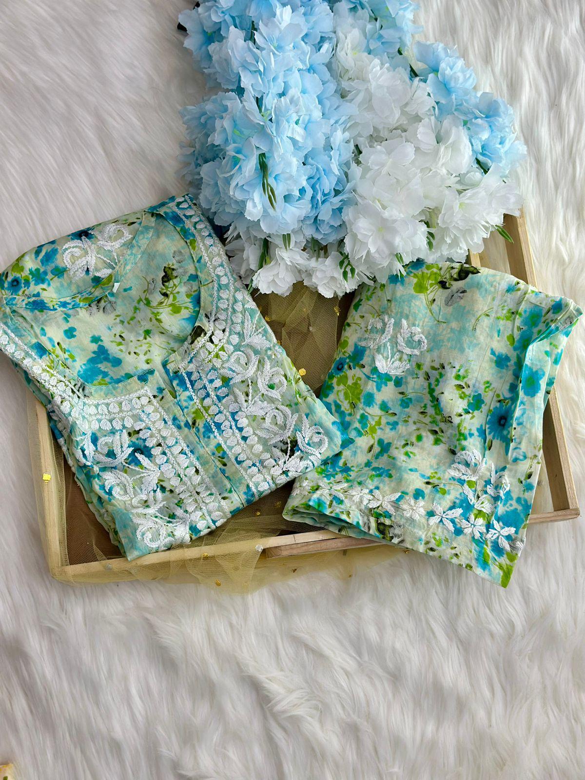 Soft Mul Cotton Co-Ord Set with Intricate Green Chikankari