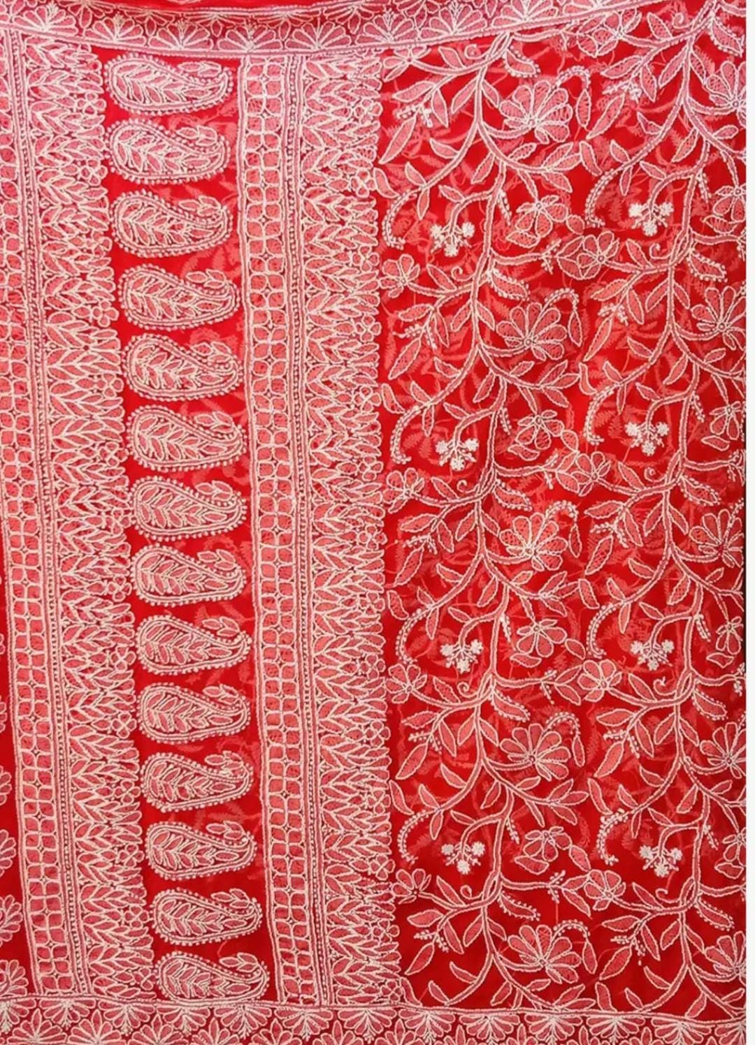 Radiant Scarlet Red Chikankari Saree with Lavish Threadwork Accents