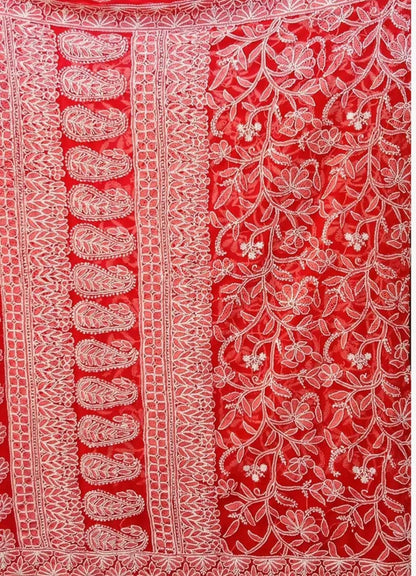 Radiant Scarlet Red Chikankari Saree with Lavish Threadwork Accents