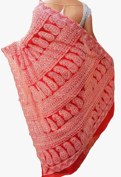 Radiant Scarlet Red Chikankari Saree with Lavish Threadwork Accents