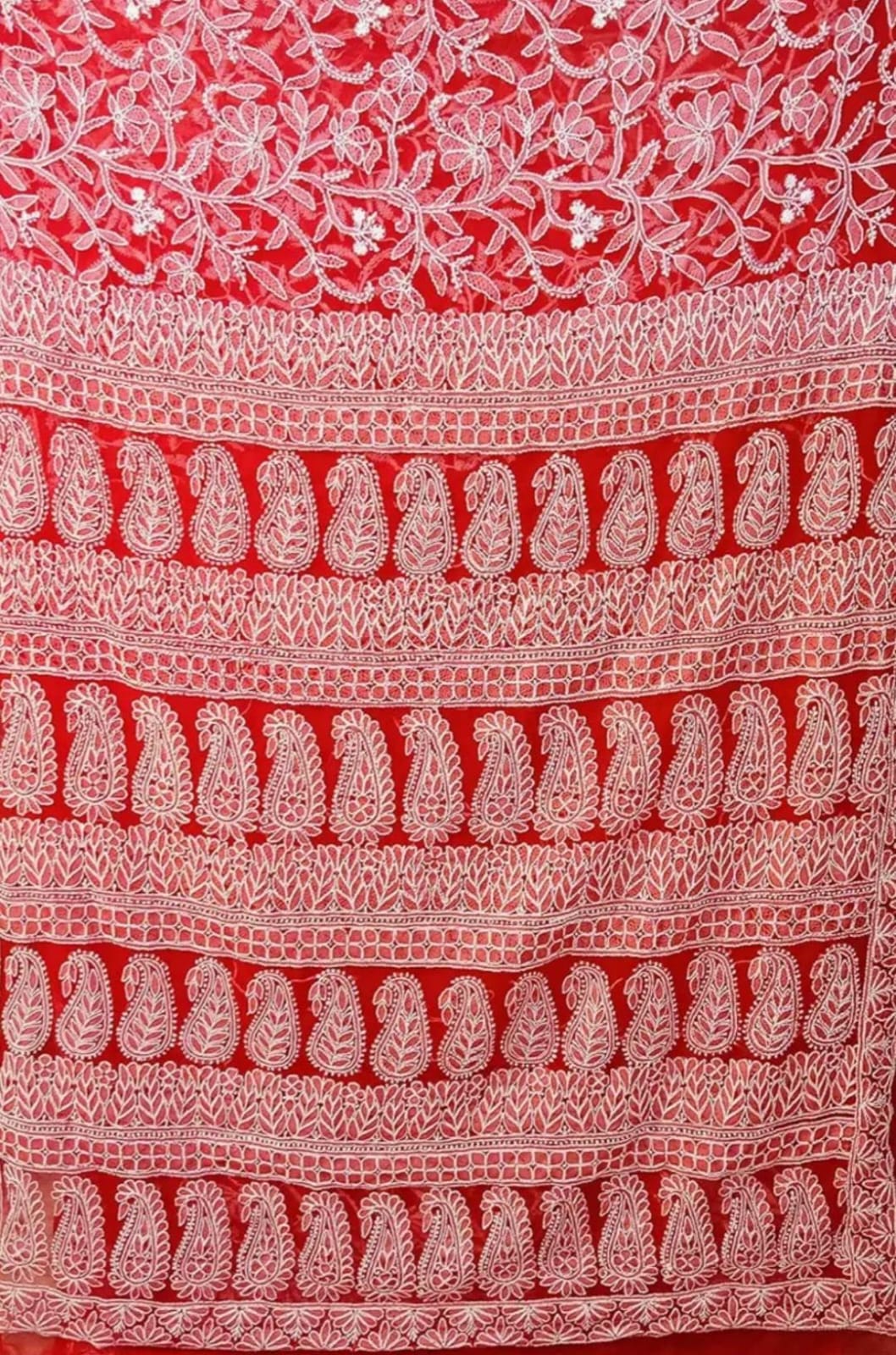 Radiant Scarlet Red Chikankari Saree with Lavish Threadwork Accents