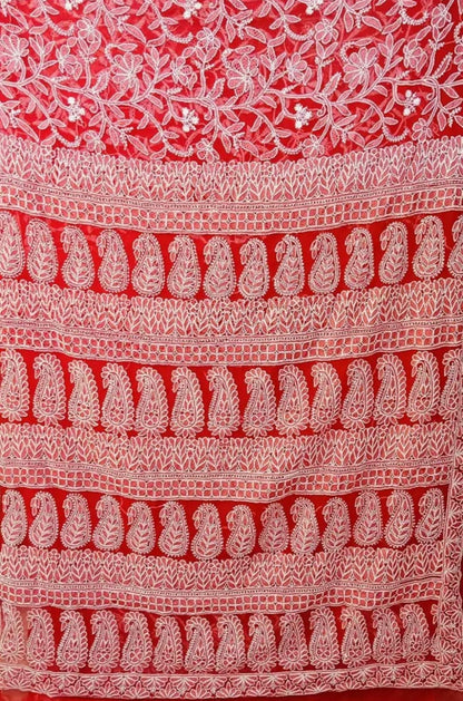 Radiant Scarlet Red Chikankari Saree with Lavish Threadwork Accents