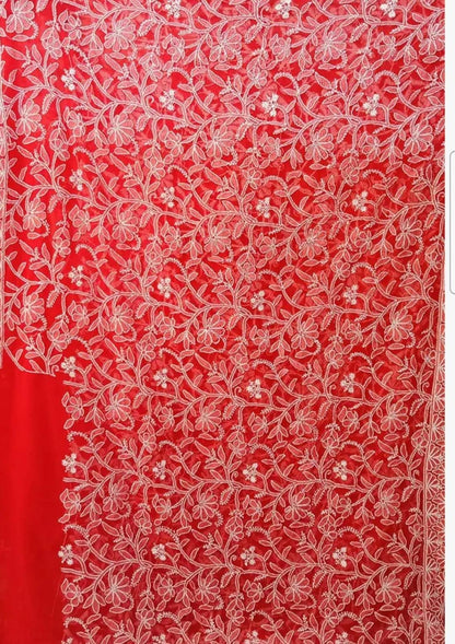Radiant Scarlet Red Chikankari Saree with Lavish Threadwork Accents