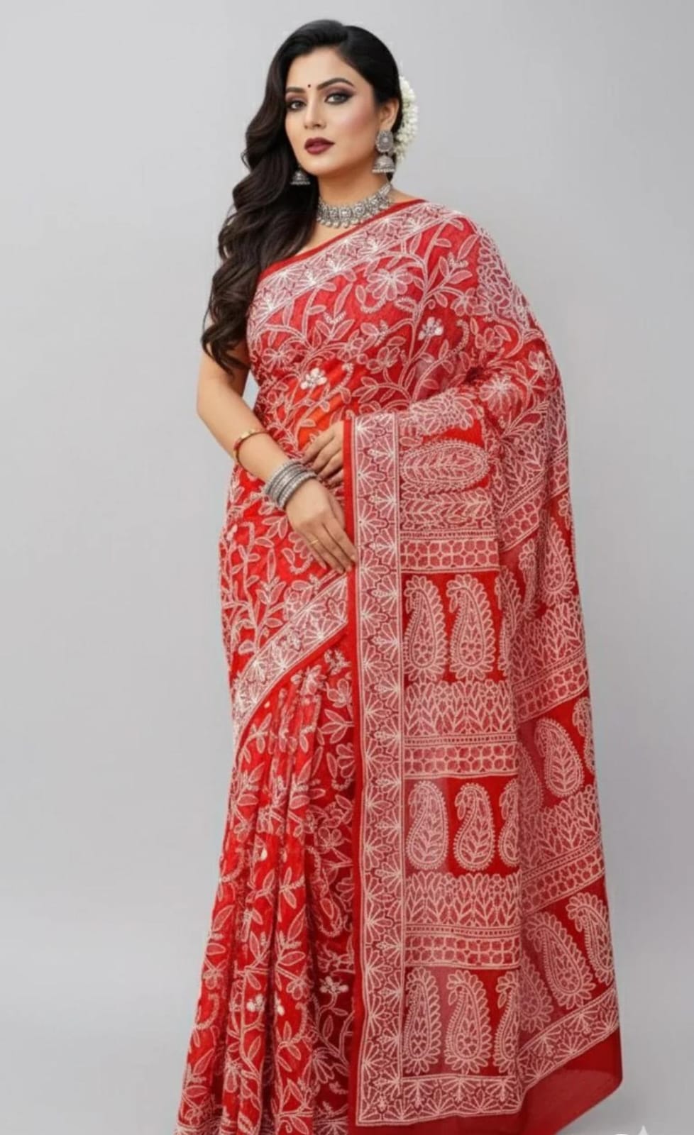 Radiant Scarlet Red Chikankari Saree with Lavish Threadwork Accents