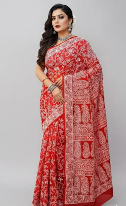 Radiant Scarlet Red Chikankari Saree with Lavish Threadwork Accents