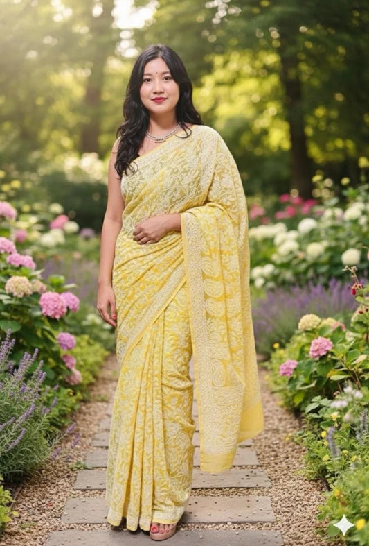 Bright Citrus Yellow Chikankari Saree Enhanced with Ornamental Stitch work