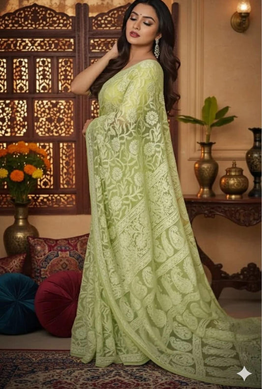 Graceful Olive-Toned Chikankari Saree Accented with Ornamental Needlework