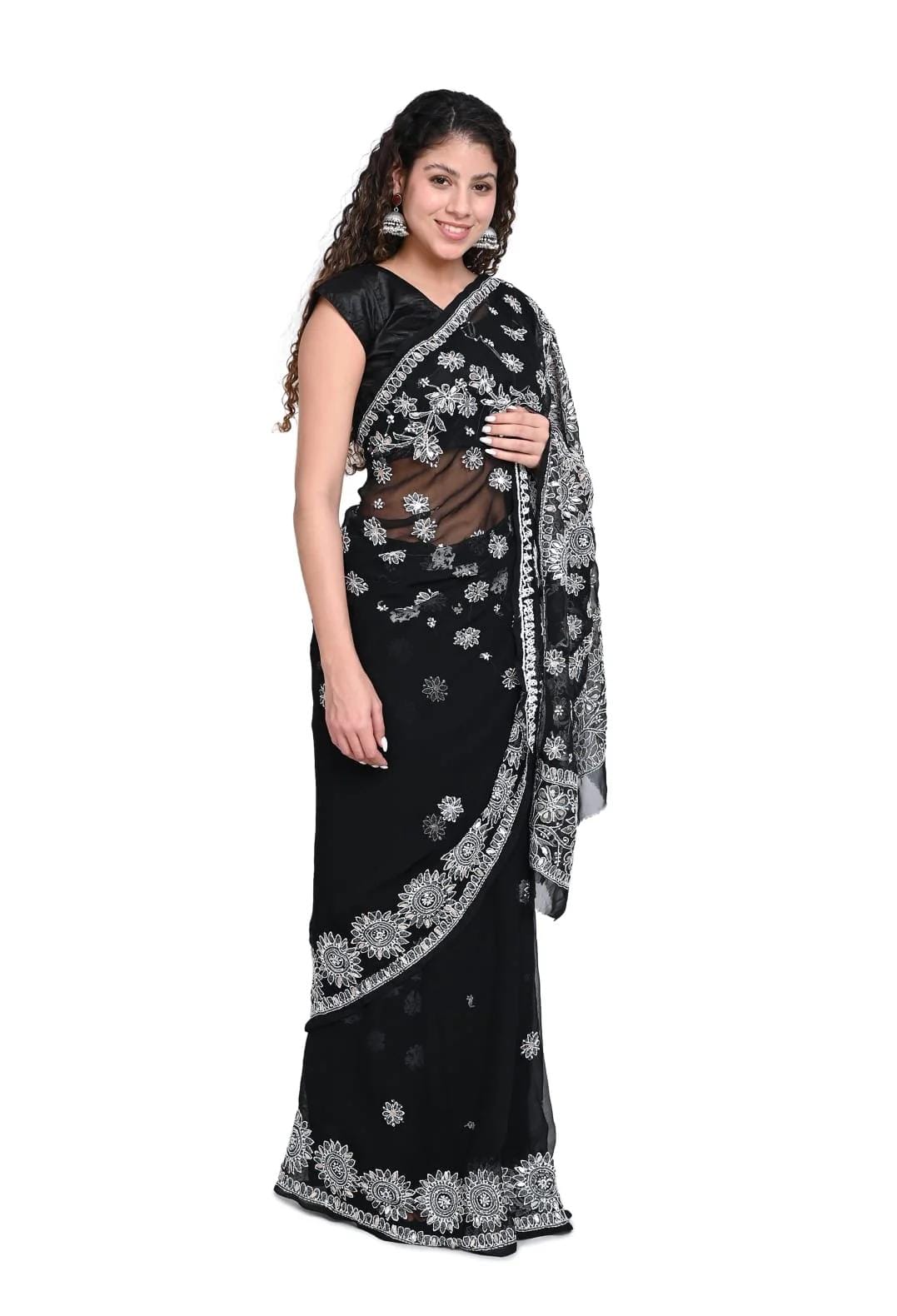Luxury Chiffon Black Fabric Saree with Ornate Embellished Patterns