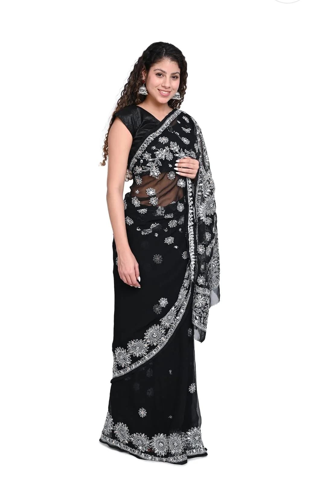 Luxury Chiffon Black Fabric Saree with Ornate Embellished Patterns
