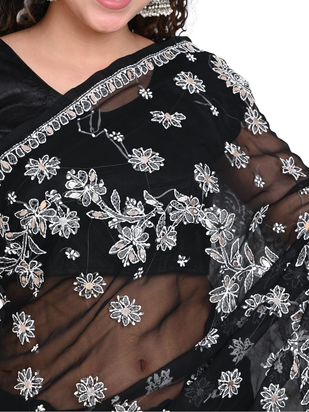Luxury Chiffon Black Fabric Saree with Ornate Embellished Patterns