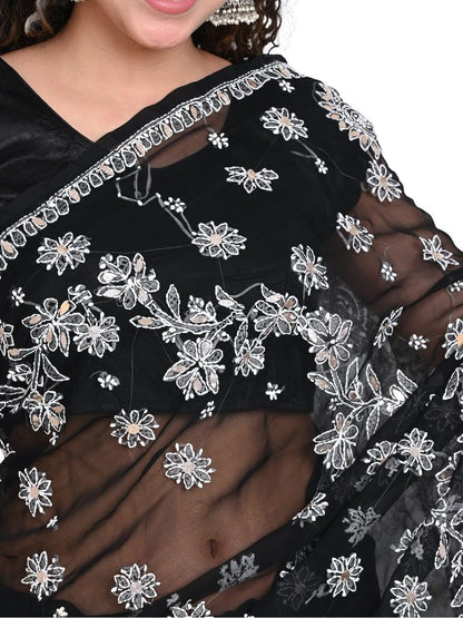 Luxury Chiffon Black Fabric Saree with Ornate Embellished Patterns