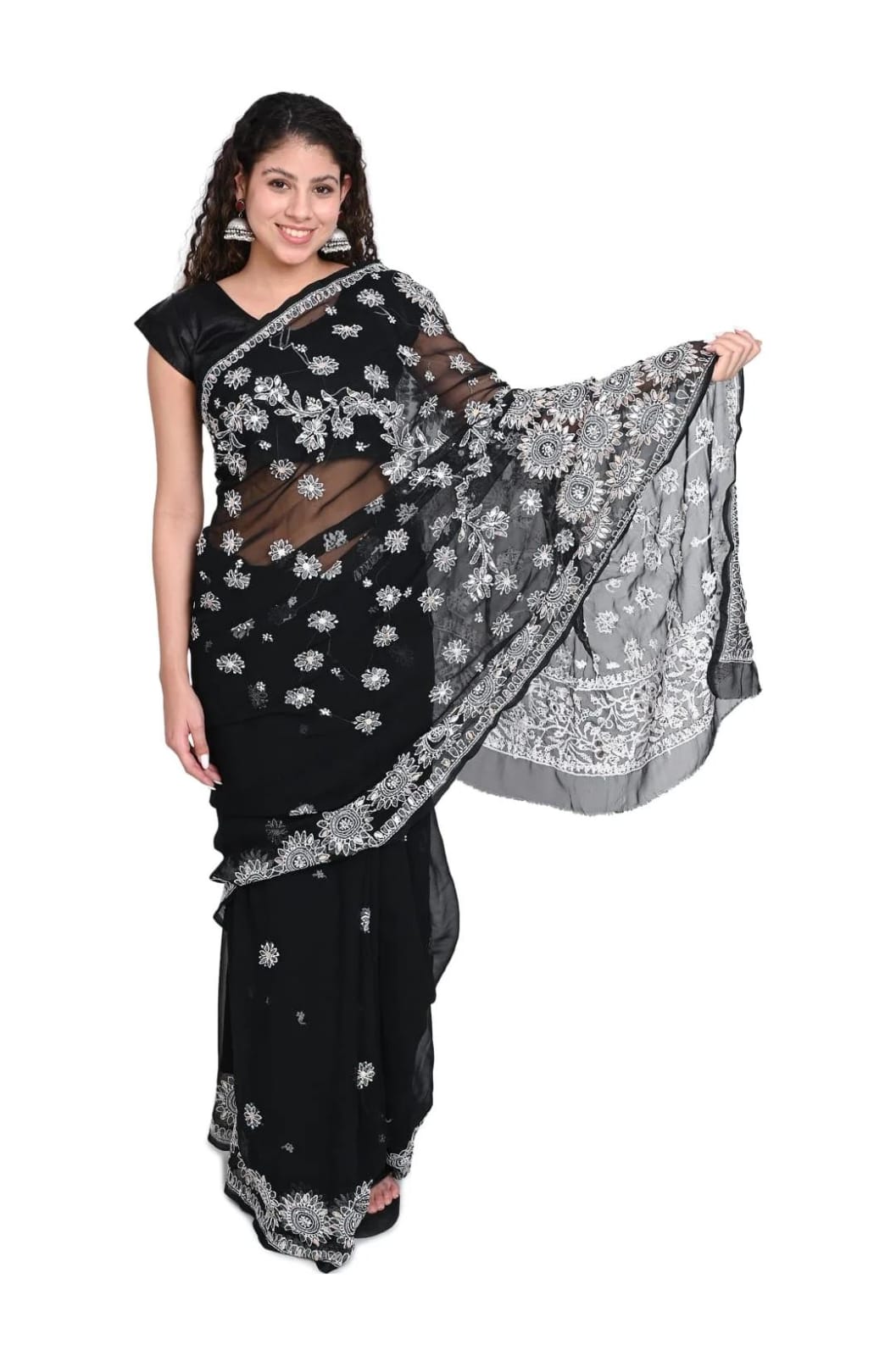Luxury Chiffon Black Fabric Saree with Ornate Embellished Patterns