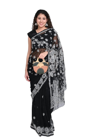 Luxury Chiffon Black Fabric Saree with Ornate Embellished Patterns