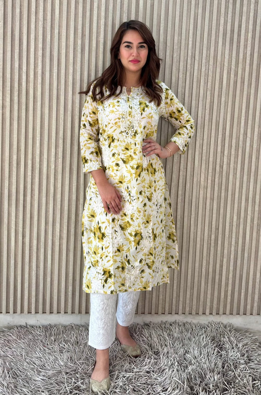 Floral Chikankari Kurti in Mulmul Cotton
