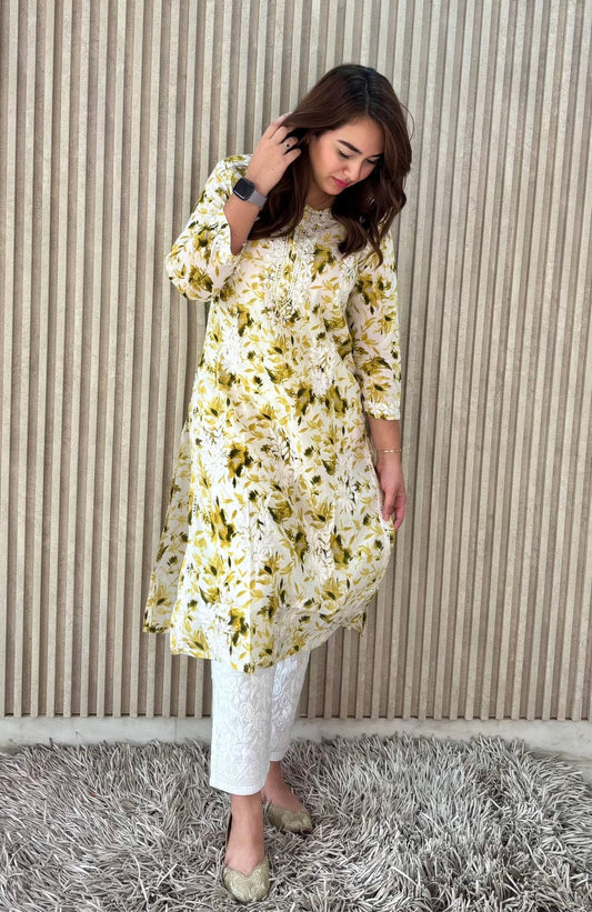 Floral Chikankari Kurti in Mulmul Cotton