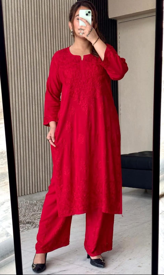 Crimson Legacy – Handcrafted Red Chikankari Set for Effortless Elegance