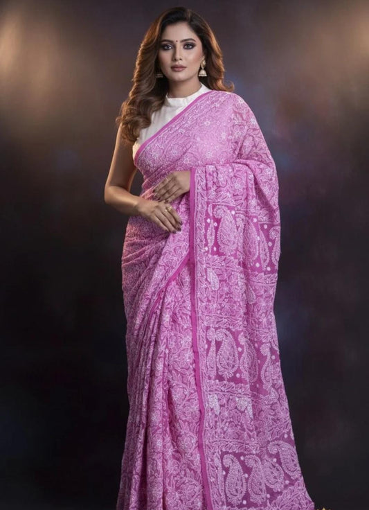 Opulent Pearly Purple Handwoven Chikankari Saree with Luxe Ornamentation