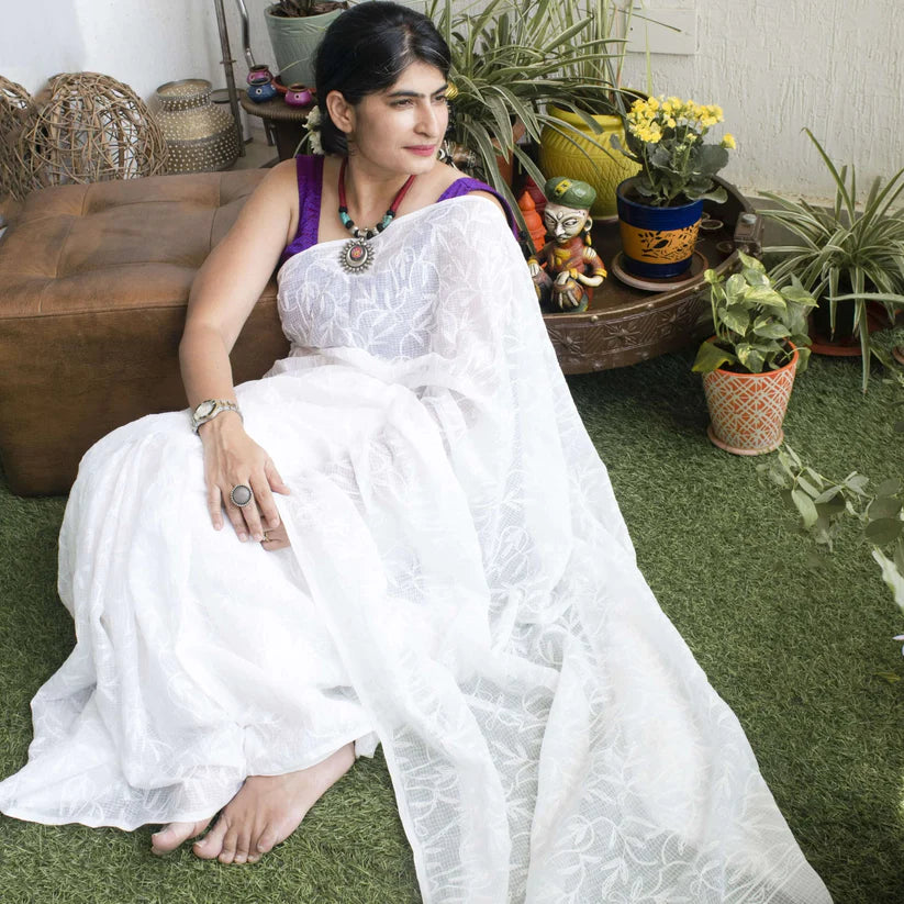 Buy Online Tepchi Chikankari White Saree