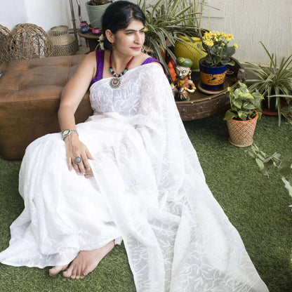 Buy Online Tepchi Chikankari White Saree