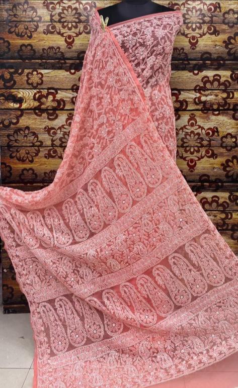 Chikankari Saree | Pure Chiffon Beautiful Motifs Full Jaal Chikankari Saree